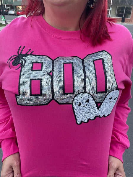Sequin Boo w/ Ghosts/Spiders on Pink Long Sleeve Tee