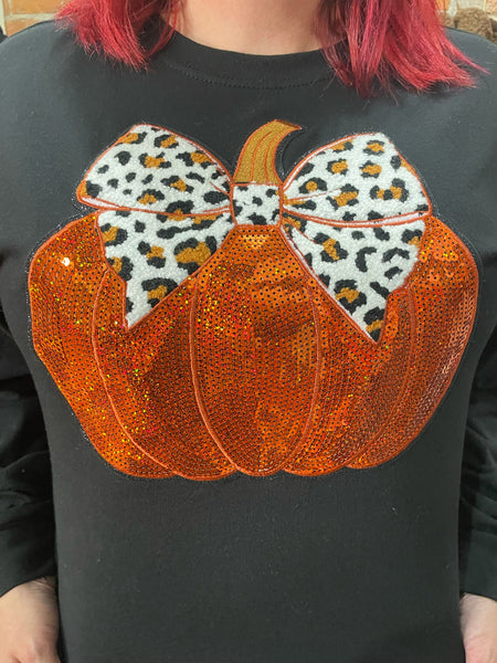 Sequin Pumpkin on Black Long Sleeve Crew Tee