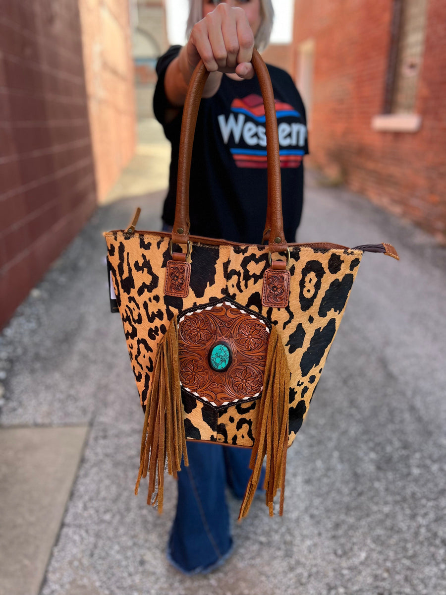 Mabel Hair on Hide Leather Leopard Fringe Turquoise Shoulder Bag