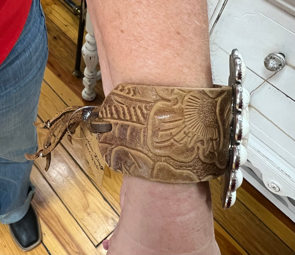 Large Off White Concho w/ Light Brown Tooled Leather Cuff