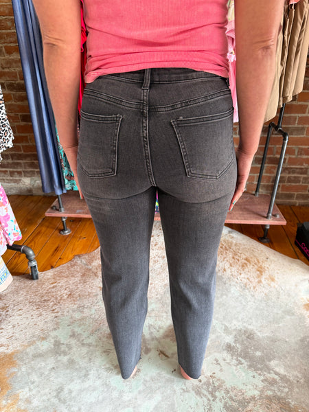 EverStretch Straight Ankle w/ Front Rhinestones Black Washed Jeans