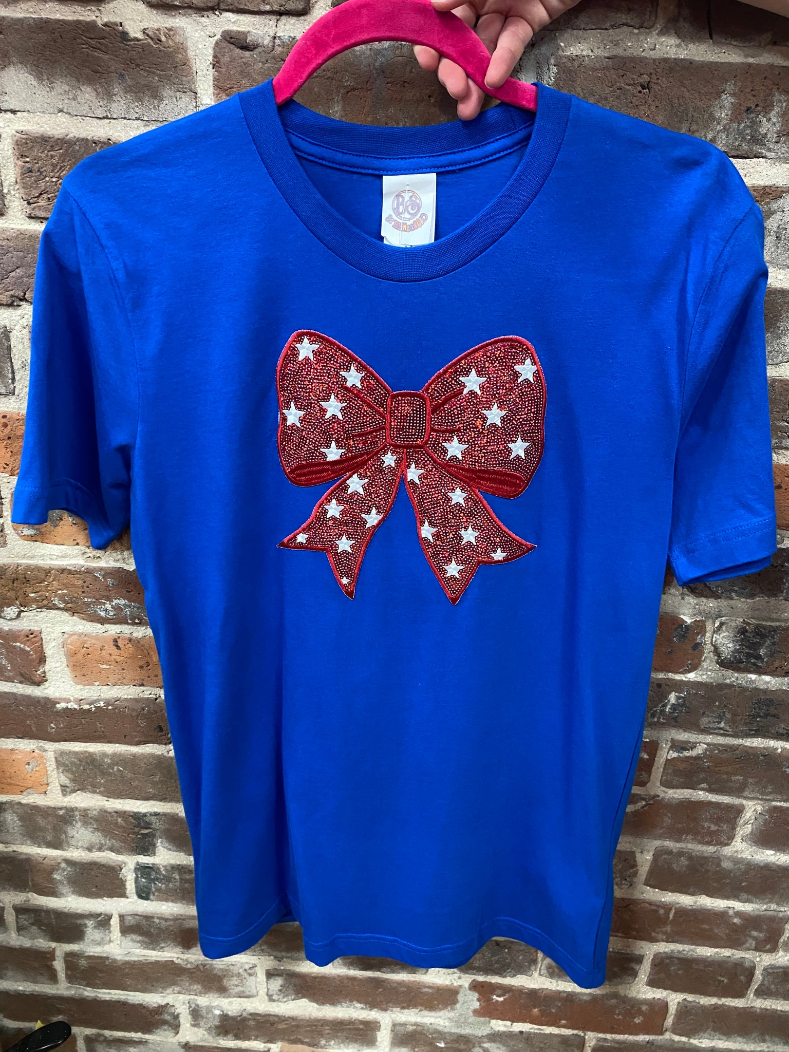 Red Sequin Bow on Royal Blue Tee Shirt