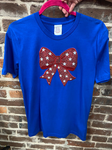 Red Sequin Bow on Royal Blue Tee Shirt