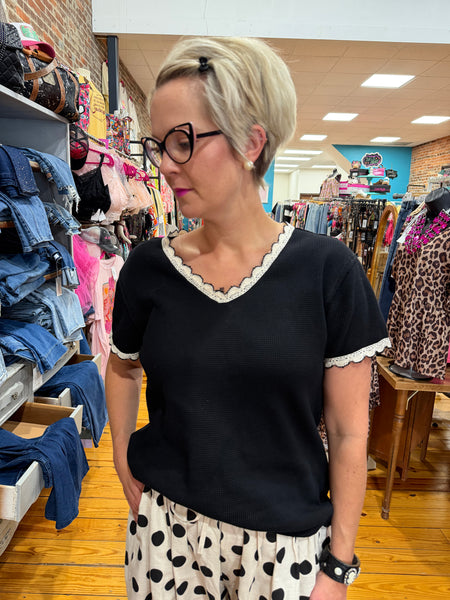 Black Thermal Knit V Neck Short Sleeve Top w/ Crochet Trim Detail