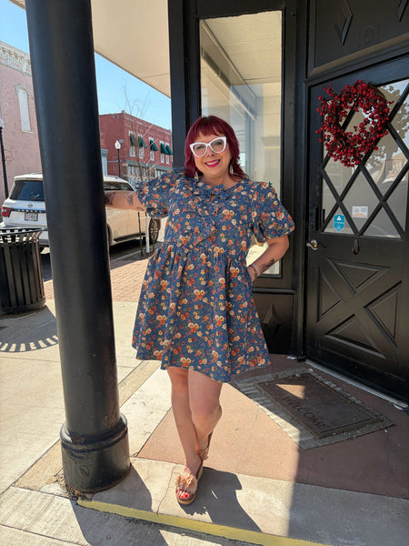 Denim Floral Bubble Sleeves Bow Front Dress