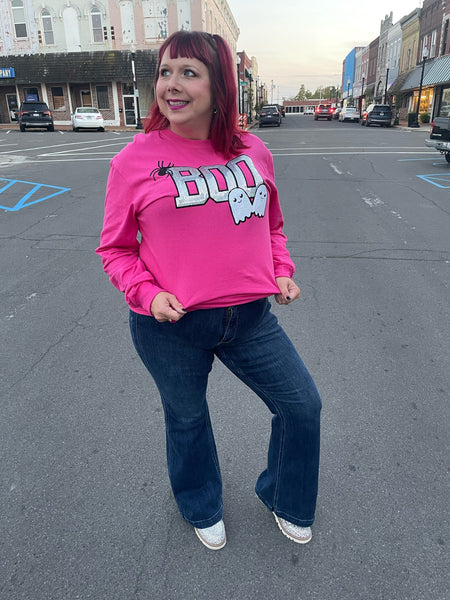 Sequin Boo w/ Ghosts/Spiders on Pink Long Sleeve Tee