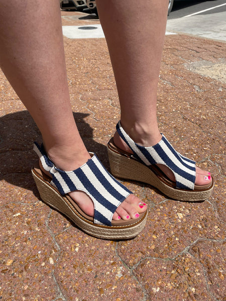 Corkys Freddie Wedge Navy Natural Stripe