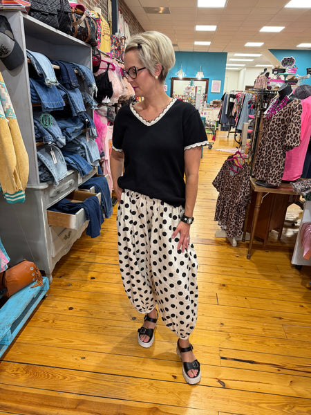 Black Polka Dot Printed Woven Elastic Waist Balloon Pants