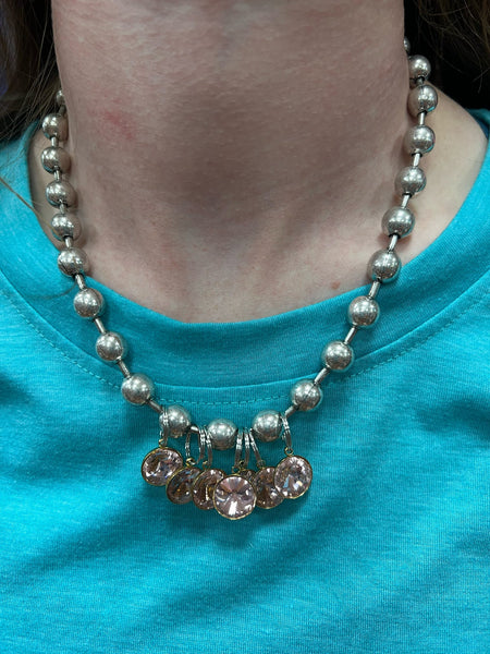 Multi Crystal Charm Necklace on Ball Pearl