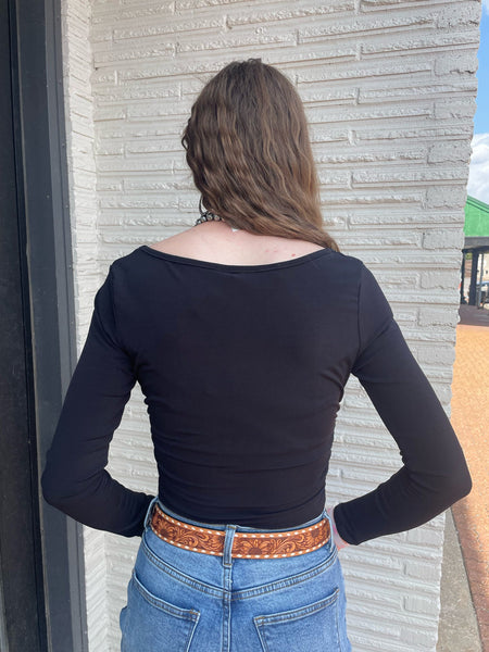 Black Square Neck Line Ruched Side Long Sleeve Top