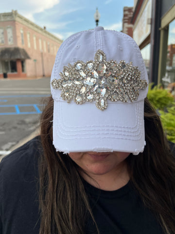 Glitz Deconstructed Distressed Baseball Cap w/ Matching Leather Buckle white silver/clear