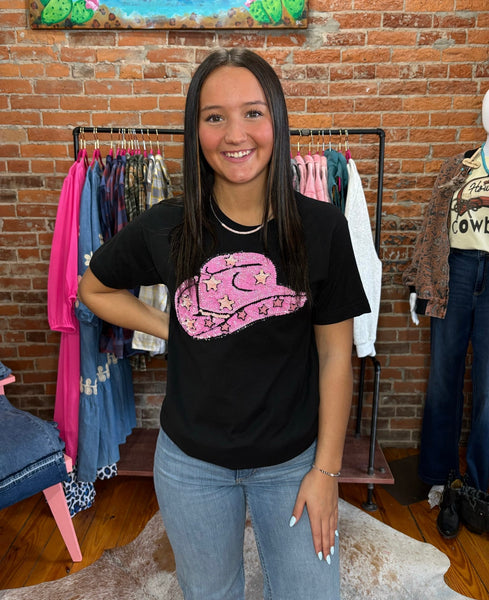 Pink Sequin Cowgirl Hat Tee Shirt On Black