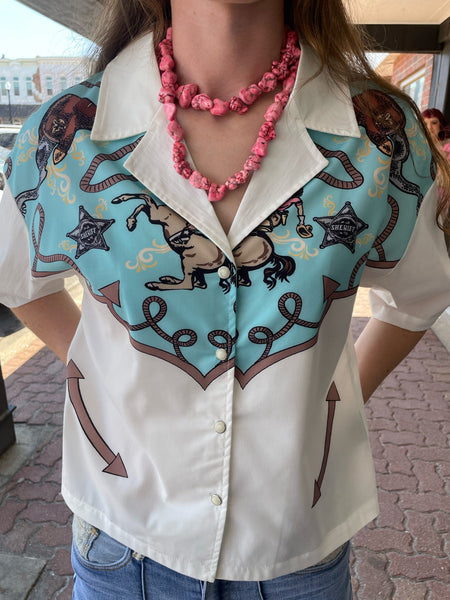 Ivory Printed Western Yoke Button Down Short Sleeve Top