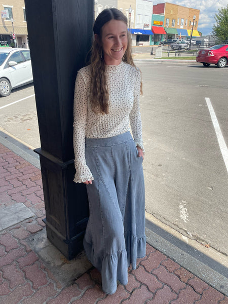 Washed Denim Ruffle Bottom Wide Leg Pants