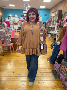 Cappuccino Bubble Sleeves Linen Mix Flowy Top w/ Ruffle Bottom