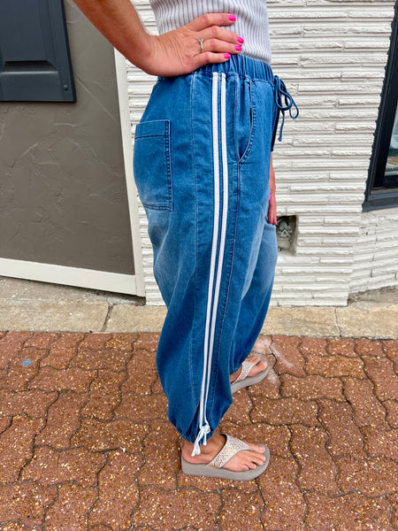 Off White Striped Tape Detail Elastic Waist Denim Pants