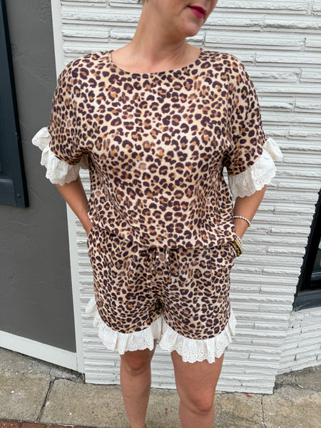 Leopard & Eyelet Lace Ruffled Top & Shorts Set