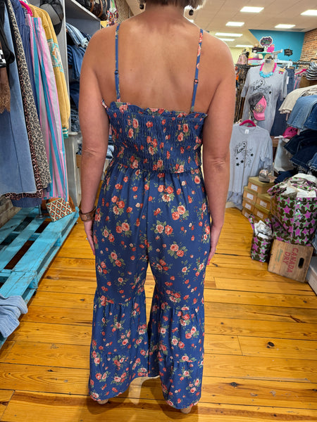 Denim Wide Leg Floral Print Jumpsuit
