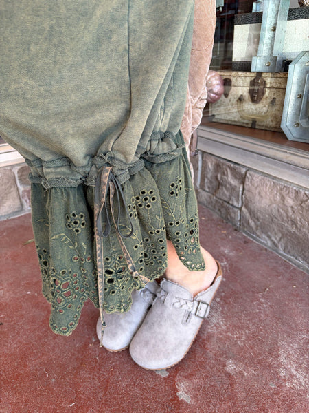 Olive Green Washed Terry Eyelet Mix Pants