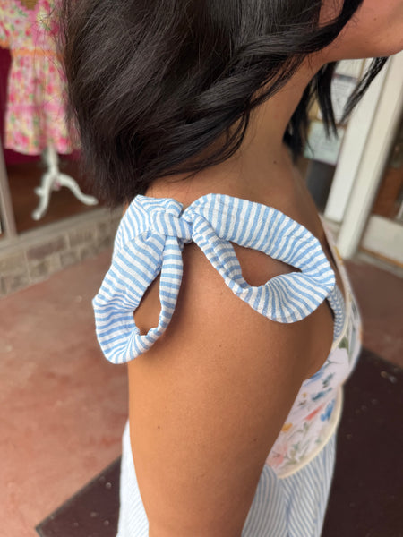 Light Blue Floral Print Dress w/ Tied Bow Straps