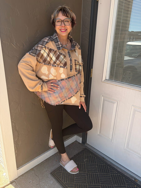 Coffee Bleached Fabric Mixed Long Sleeve Top