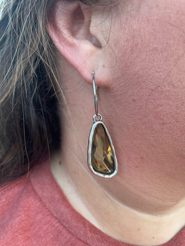Small Silver Hoop Earrings w/ Amber Stone Drop