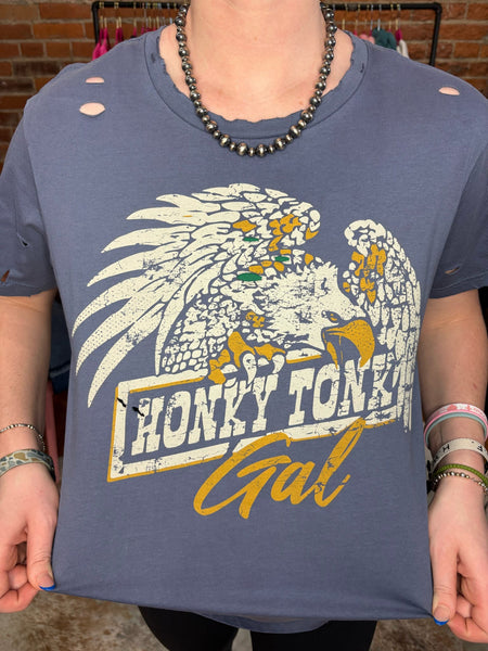 Distressed Tee Honky Tonk Gal on Navy