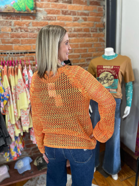 Orange 3/4 Sleeve Fishnet Knitted Spring Sweater