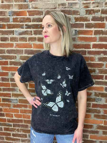 Black Mineral Wash Butterfly Graphic Tee