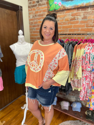 Carrot Color Peace Sign Top w/ Floral Details Plus Size
