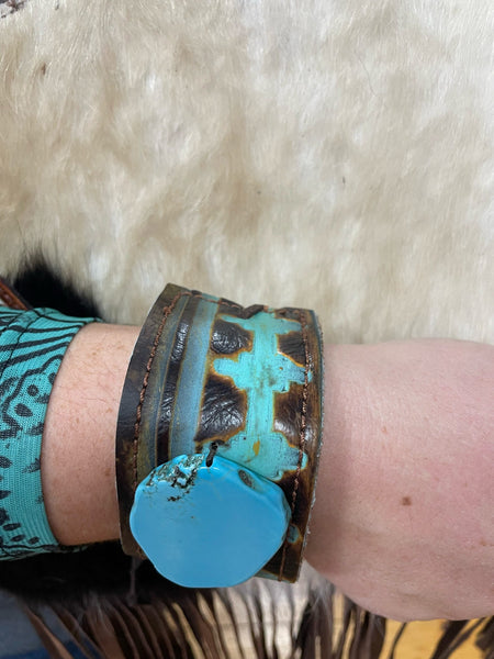 Leather Cuff w/ Turquoise Print & Turquoise Stone