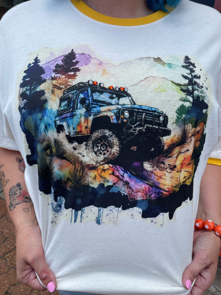 Mountain Watercolor Jeep Tee on Heather White Mellow Yellow