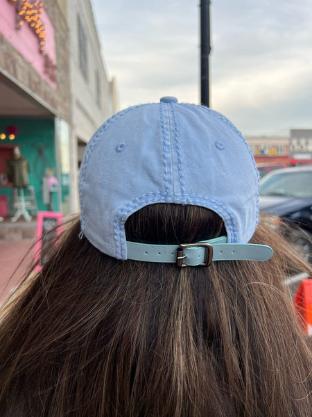 Glitz Deconstructed Distressed Baseball Cap w/ Matching Leather Buckle sky silver/clear