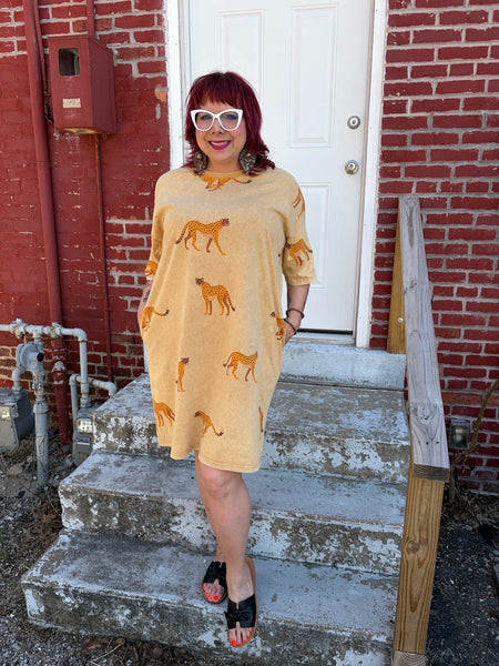Lt. Camel Short Sleeve Cheetah Print Dress w/ Pockets Plus Size