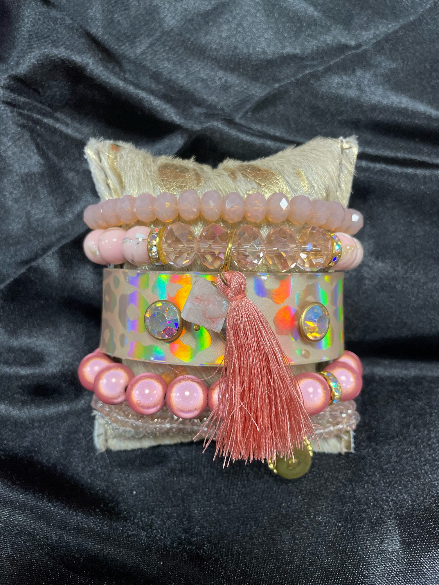 Light Pink Bracelet Stack w/ Charms, Leather Cuff & Bling on HOH Pillow