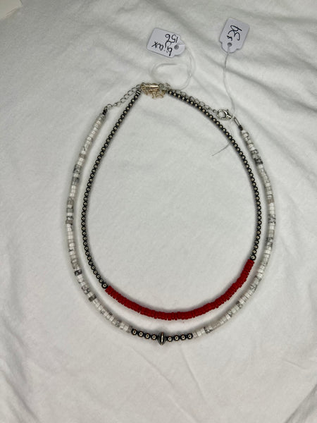 15" Red Magnesite Heishi Necklace w/ Sterling Silver Pearls Necklace