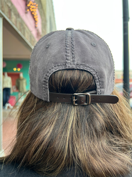 Glitz Deconstructed Distressed Baseball Cap w/ Matching Leather Buckle dark grey gunmetal/clear