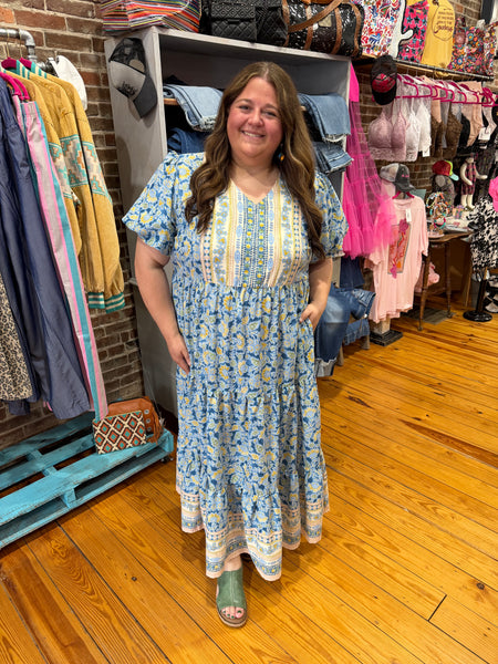Blue V Neck Baby Doll Flutter Sleeve Floral Print Dress Plus Size