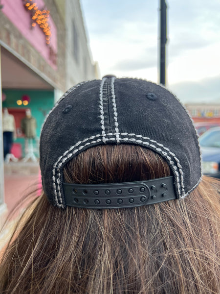 XL Glass Silver AB Crystal Flower Two Tone High Contrast Ball Cap charcoal/black gunmetal/ab