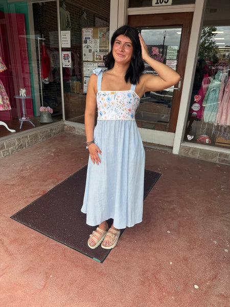 Light Blue Floral Print Dress w/ Tied Bow Straps