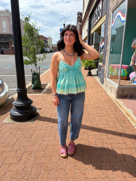 Turquoise Mineral Washed Woven Tank Top