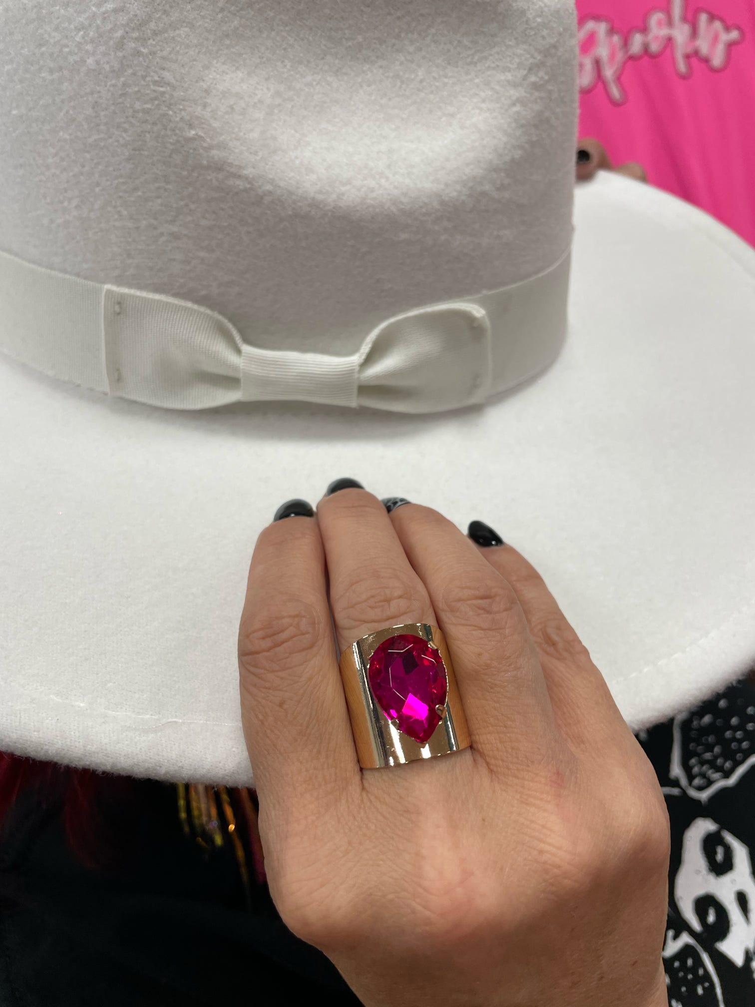 Gold Adjustable Ring w/ Fuchsia Teardrop Rhinestone