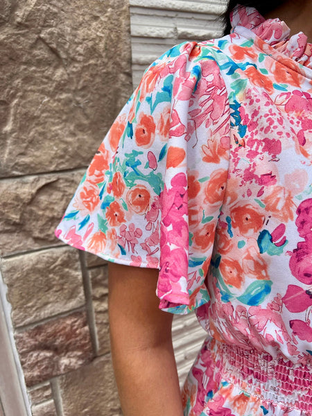 Coral Frill Hem Floral Print Sun Dress