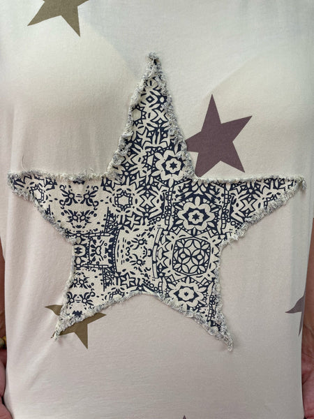 Khaki Short Sleeve Star Patch & Print Top Plus Size