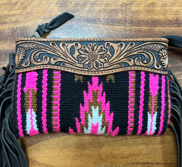 Pink/Black/White Saddle Blanket w/ Tooled Leather & Fringe Wristlet