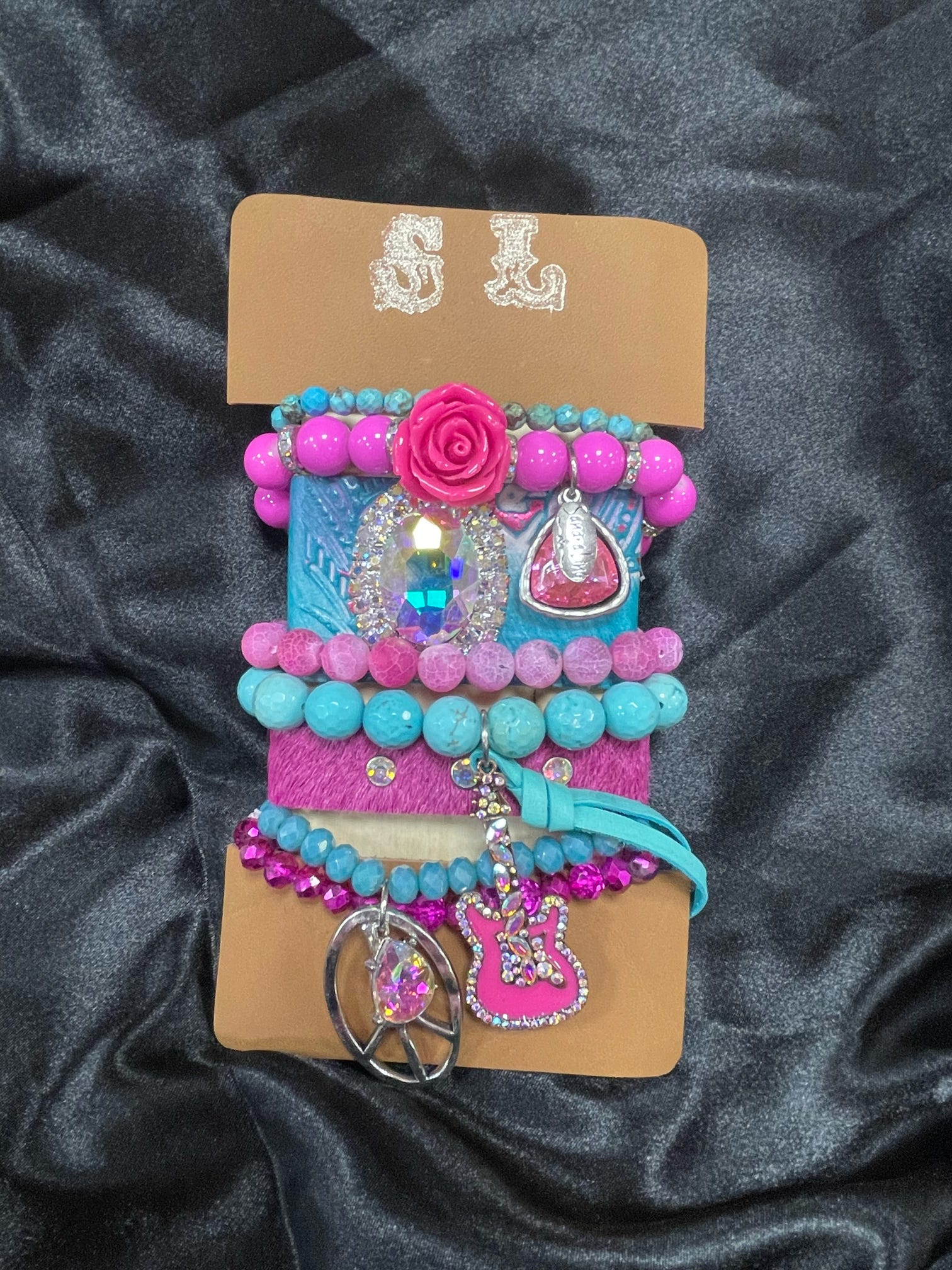 Hot Pink & Turquoise XL Stack w/ Guitar Charm, Leather Cuffs & Fun