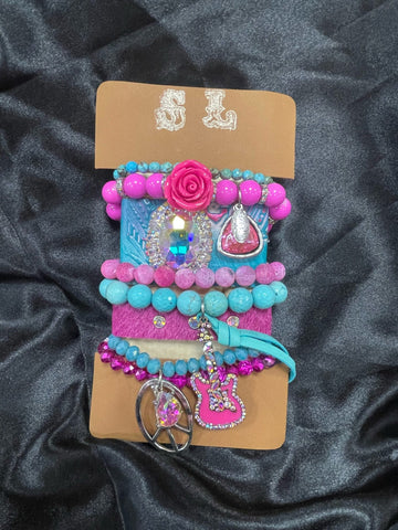 Hot Pink & Turquoise XL Stack w/ Guitar Charm, Leather Cuffs & Fun
