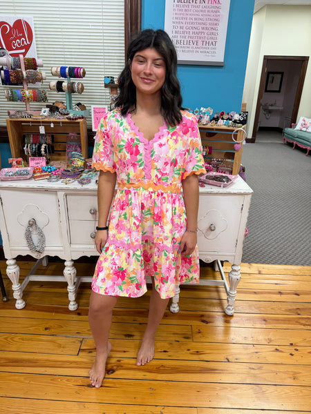 Blush/White V-Neck Short Sleeve Tiered Babydoll Floral Print Dress