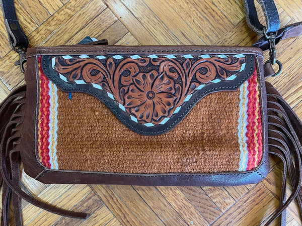 Small Crossbody Saddle Blanket w/ Tooled Leather & Fringe