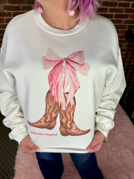 Boots w/ Bow White Cropped Sweatshirt w/ Bling